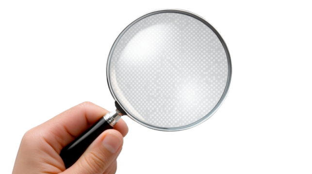 close up hand holding a magnifying glass on white background