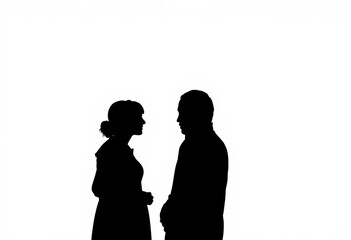 Two figures in silhouette, conversing, ample negative space, shapes, silhouette