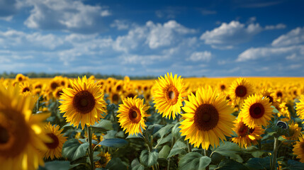 Vibrant field of golden sunflowers stretches under a clear blue sky at midday sunlight
