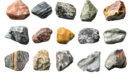 Collection of mineral stones with natural surface features, cut out transparent
