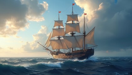 Majestic tall ship sails across open ocean. Illustration embodies spirit of adventure on sea. Historical vessel with billowing sails and flags. Journey, travel, exploration on water, against sky.