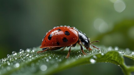 Obraz premium A Ladybug’s Journey Through a Dewy Garden