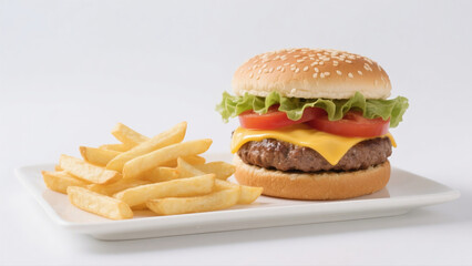 Isolated fast food meal with a grilled beef burger, cheese, lettuce, and tomato on a sesame bun alongside french fries