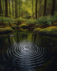 A serene forest scene captures the beauty of nature. The still water reflects a tranquil environment. Ripples disturb the calm. Generative AI