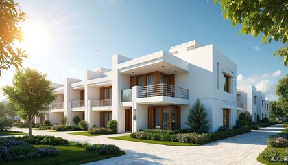 Modern residential houses with minimalist design. New townhouses in suburban area. Real estate, investment, property concept. Luxury apartments for sale. White villas with garden, trees, blue sky.