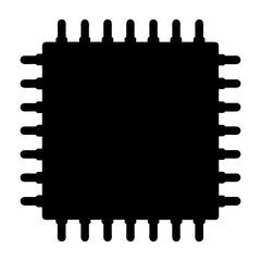 Black silhouette of a computer microchip component with pins on all sides