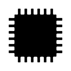 Black and white illustration of a microchip with contact points surrounding it