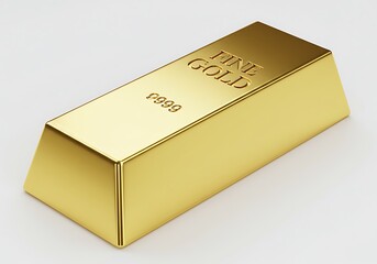 Close up shot of a single fine gold bar with purity marking on a white background in a studio setting