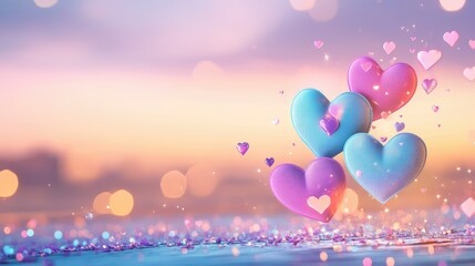 Fototapeta premium Romantic neon dreamscape featuring soft blue and purple heart bokeh floating across a subtle glowing background
