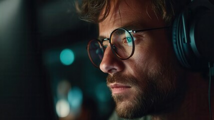 Obraz premium Focused Caucasian man listening with headphones in dark room