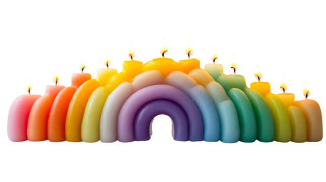 Burning rainbow candle, arched shape with multiple colors, cut out transparent