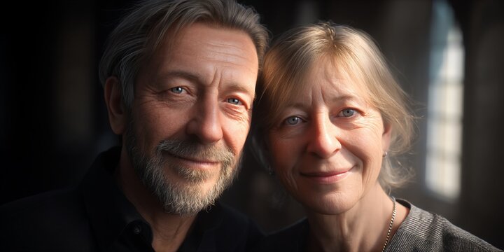 Portrait of a couple, indoor setting, gentle smile, possible for relationship or social media use - Powered by Adobe