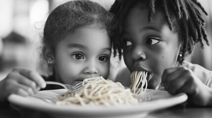 Two children sharing a plate of spaghetti