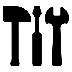 Black and White Icon Illustration of Hammer, Screwdriver and Wrench Tools