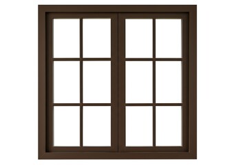 A brown window with six panes of glass and a simple frame set against a plain white background studio shot