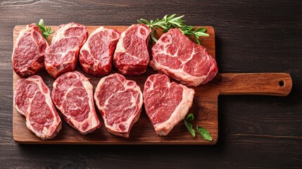Nine raw ribeye steaks are arranged on a wooden cutting board with herbs, ready for cooking on a dark wooden table.