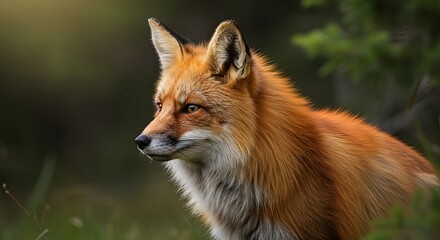 Fototapeta premium Fox in the Wild Portrait Looking Away with Orange Fur and Green Background