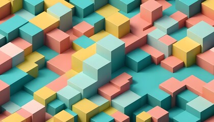 Obraz premium Isometric arrangement of pastel colored cubes creating an abstract geometric pattern and background