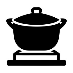 Black silhouette illustration of a cooking pot on a burner, kitchenware icon