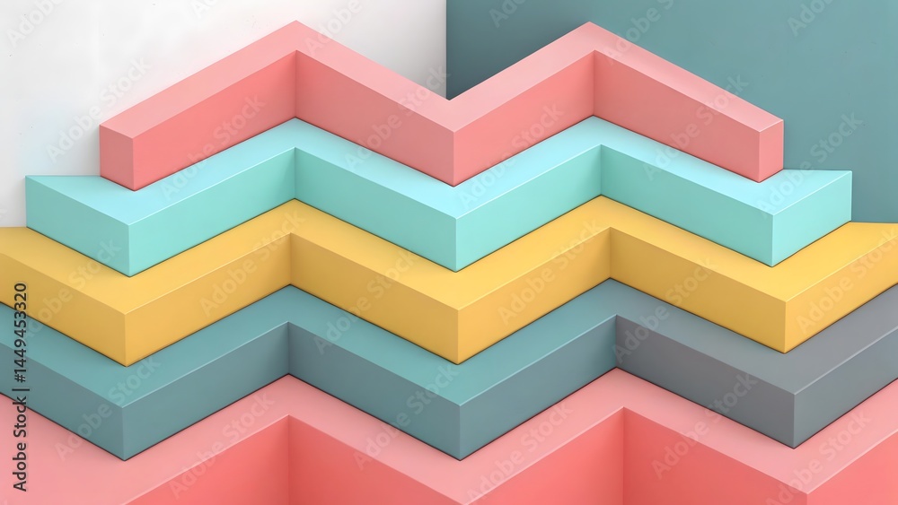 Poster pastel colored zigzag pattern with stacked geometric shapes creating a modern abstract design