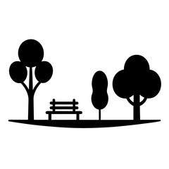 Black and white silhouette of a park scene with trees and bench
