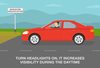 Safe driving tips and traffic regulation rules. Side view of sedan car on road. Turn headlights on, it increases visibility during the daytime. Flat vector illustration template.