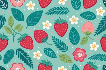 Charming Strawberry, Flower, and Leaf Pattern on Teal Background