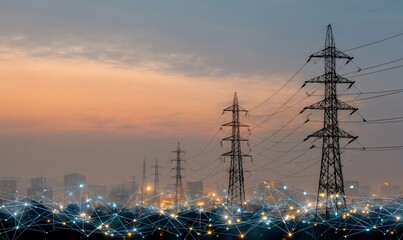 Power lines at dawn over city with digital network