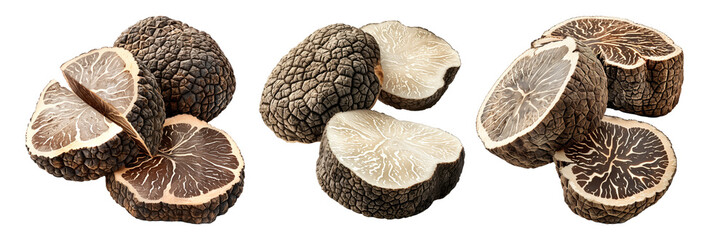 Set of black Himalayan truffles isolated on white transparent background, great for culinary and gourmet themes.