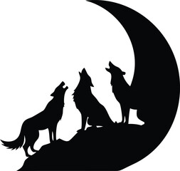 Three wolves howl at a large moon from a rocky ledge in silhouette