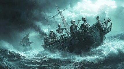 Skeletal figures sail a weathered vessel through a turbulent sea.