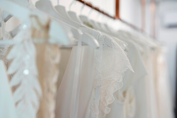 Wedding dresses hanging on rack in bridal boutique