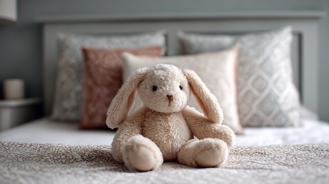 Gentle slumber: A plush bunny rests peacefully on a bed with soft pillows