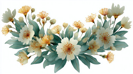Delicate floral arrangement with pastel blooms and teal foliage.  Soft, airy, and detailed flowers