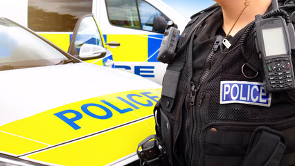 Police officer and police car - scene of emergency services' cop and police force road vehicles in...
