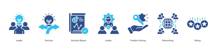 Leadership icon sheet vector illustration leader, decision, business report, leader, problem solving, networking, rating