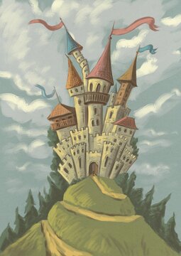 Whimsical Medieval Castle on a Hill at Night
