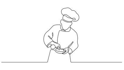 Chef Cooking Continuous One Line Drawing. Cook Trendy Minimalist Vector Illustration. Chef One Line Abstract Drawing Minimalist Contour Style for Modern Food Design.
