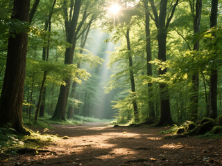 Obraz premium Sunlit Path Through Tranquil Woods A Serene Nature Escape