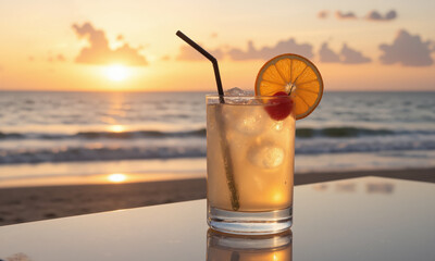 A beach cocktail at sunset with an orange slice and cherry garnish, set against a soft background of ocean