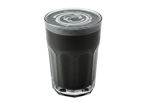 Charcoal latte in glass with swirl Dark modern drink