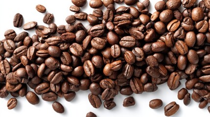 Naklejka premium Coffee Beans Scattered on White Background - Top-Down View
