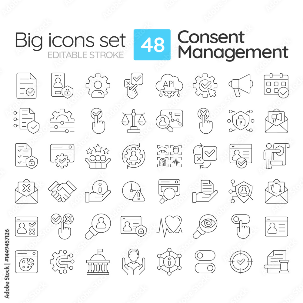 Poster contest management line icons set. system protecting user data online. personal information security