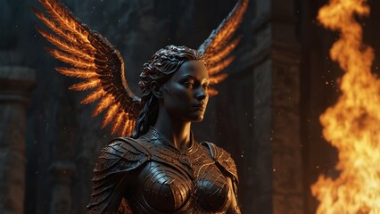 A statue of Kaetnys, her wings ablaze in eternal fire