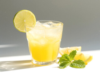 Refreshing Chilled Yellow Tropical Drink with Lime Garnish