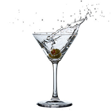 Classic martini cocktail with olive garnish and splash on black background for bar and drink concepts on transparent background