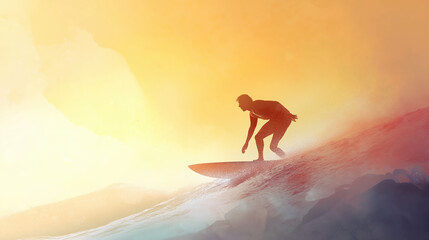 A silhouette of a pacific islander boy surfing a wave at sunset, capturing the thrill and beauty of adventure against a vibrant sky