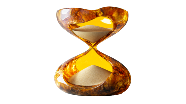 Amber hourglass with sand grains, running out of time, cut out transparent