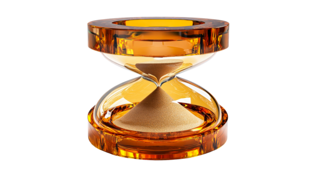 Amber glass sand timer with flowing sand, cut out transparent
