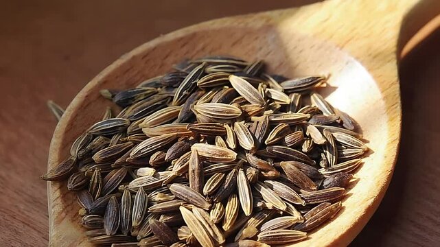 Cumin seeds in wooden spoon on rustic background